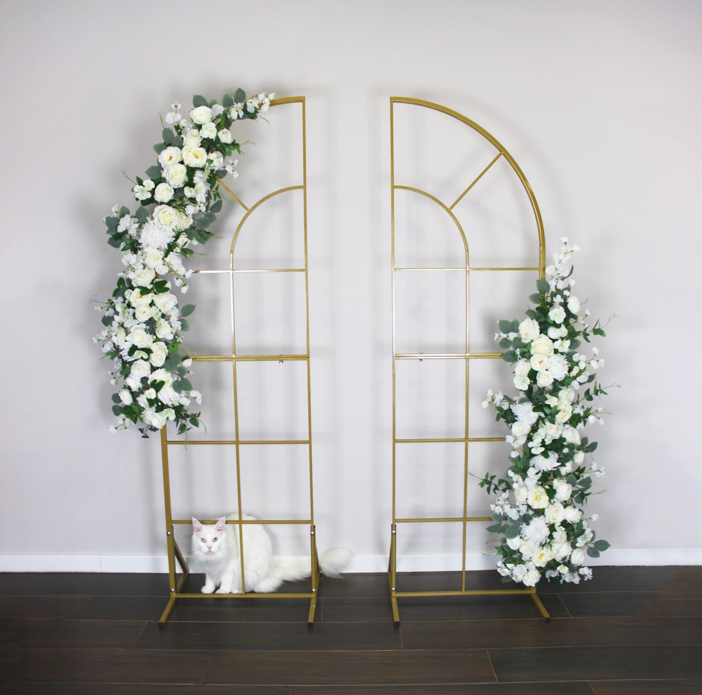 2 in 1 wedding metal gold arch/stands. Strong and high-quality. "Arches for you" offers free standard shipping on orders.